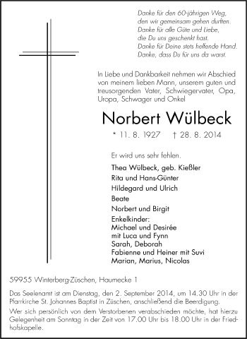 Traueranzeige von Norbert Wülbeck von Tageszeitung