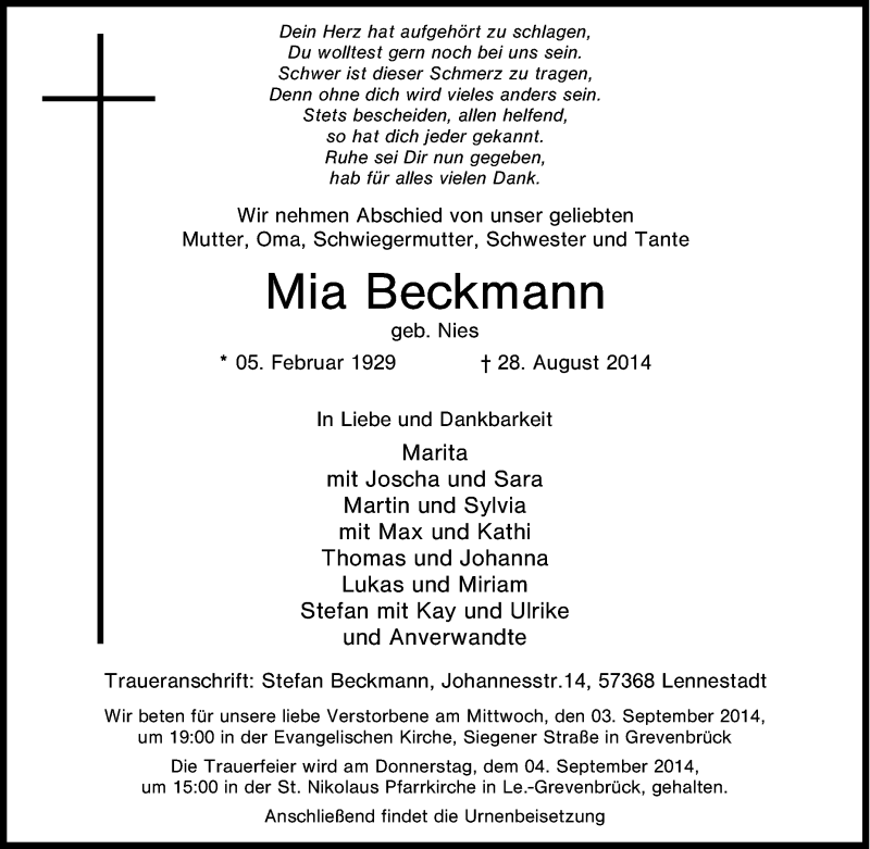  Traueranzeige für Mia Beckmann vom 30.08.2014 aus Tageszeitung