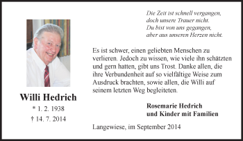 Traueranzeige von Willi Hedrich von Tageszeitung