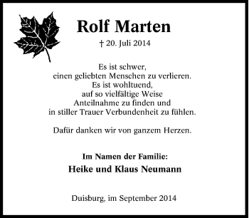 Traueranzeige von Rolf Marten von Tageszeitung