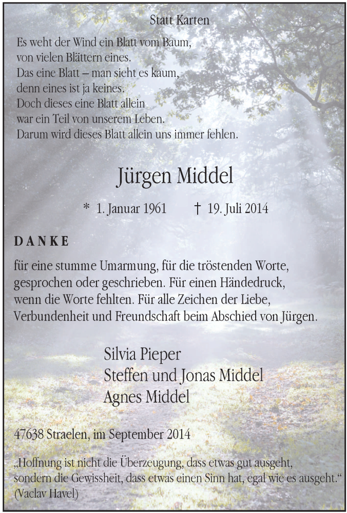  Traueranzeige für Jürgen Middel vom 06.09.2014 aus Tageszeitung