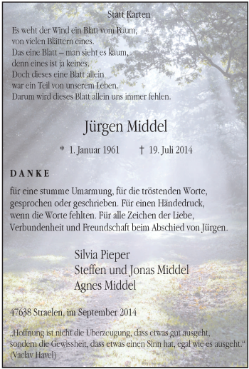 Traueranzeige von Jürgen Middel von Tageszeitung
