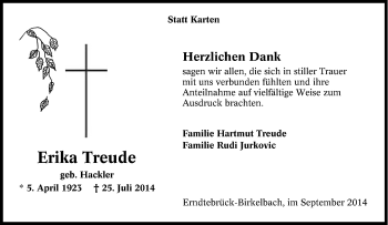 Traueranzeige von Erika Treude von Tageszeitung