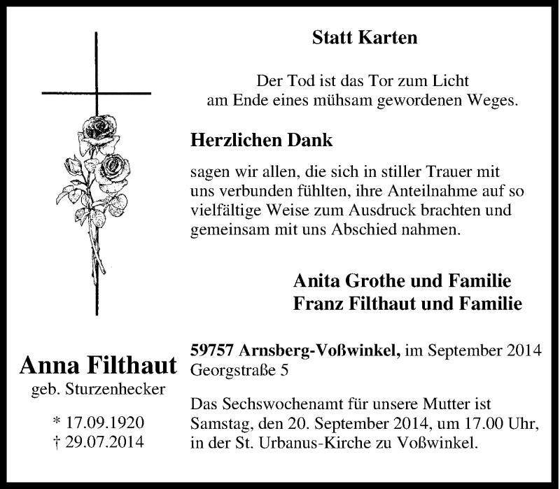  Traueranzeige für Anna  Filthaut vom 15.09.2014 aus Tageszeitung