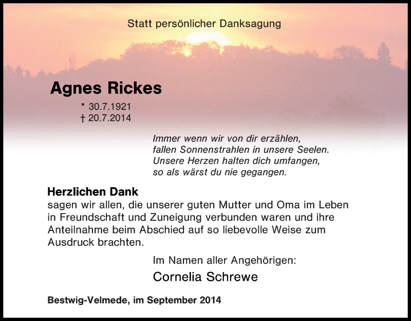  Traueranzeige für Agnes Rickes vom 13.09.2014 aus Tageszeitung
