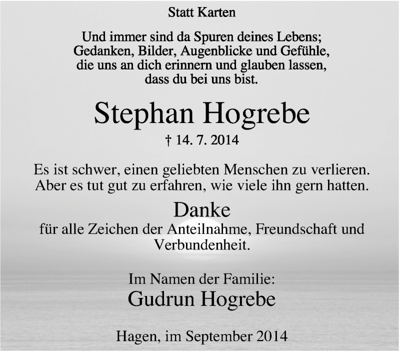  Traueranzeige für Stephan Hogrebe vom 13.09.2014 aus Tageszeitung