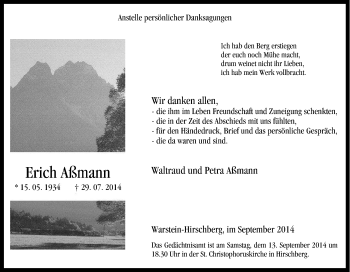 Traueranzeige von Erich Aßmann von Tageszeitung