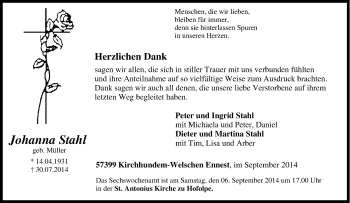 Traueranzeige von Johanna Stahl von Tageszeitung