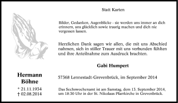 Traueranzeige von Hermann Böhne von Tageszeitung