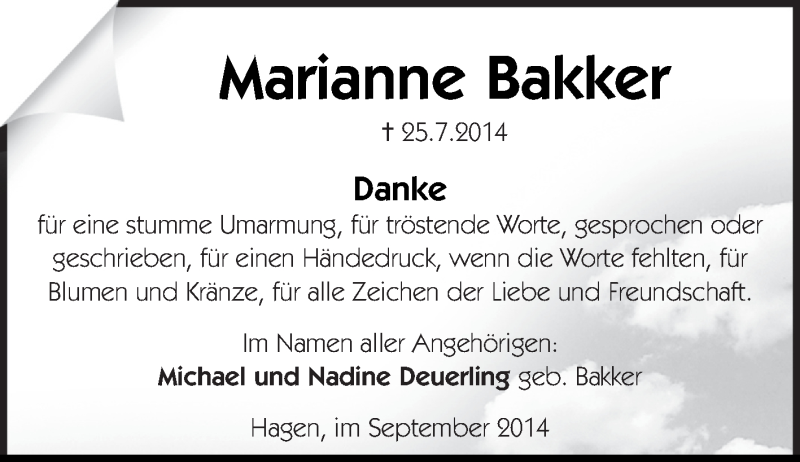  Traueranzeige für Marianne Bakker vom 13.09.2014 aus Tageszeitung