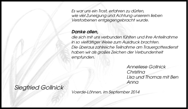  Traueranzeige für Siegfried Gollnick vom 27.09.2014 aus Tageszeitung