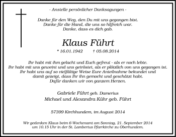 Traueranzeige von Klaus  Führt von Tageszeitung