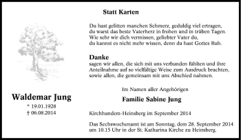 Traueranzeige von Waldemar  Jung von Tageszeitung