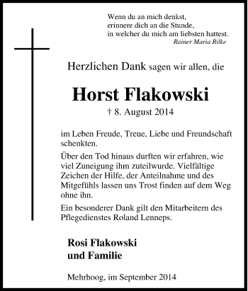 Traueranzeige von Horst Flakowski von Tageszeitung