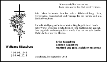Traueranzeige von Wolfgang Rüggeberg von Tageszeitung
