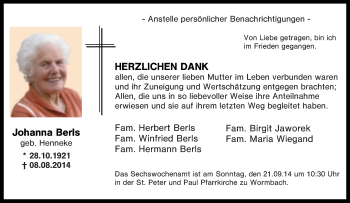Traueranzeige von Johanna Berls von Tageszeitung