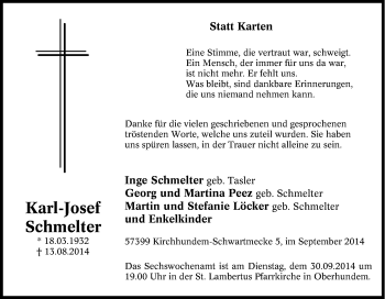 Traueranzeige von Karl-Josef Schmelter von Tageszeitung