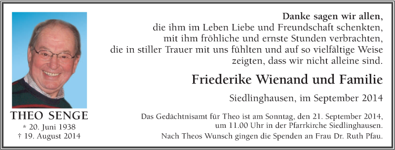  Traueranzeige für Theo Senge vom 13.09.2014 aus Tageszeitung