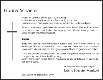Traueranzeige von Günter Schaefer von Tageszeitung