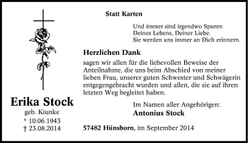 Traueranzeige von Erika Stock von Tageszeitung