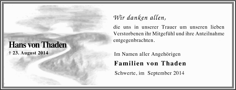  Traueranzeige für Hans von Thaden vom 20.09.2014 aus Tageszeitung