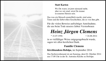 Traueranzeige von Heinz Jürgen Clemens von Tageszeitung