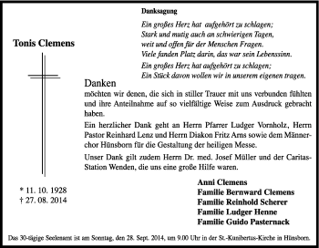 Traueranzeige von Tonis Clemens von Tageszeitung