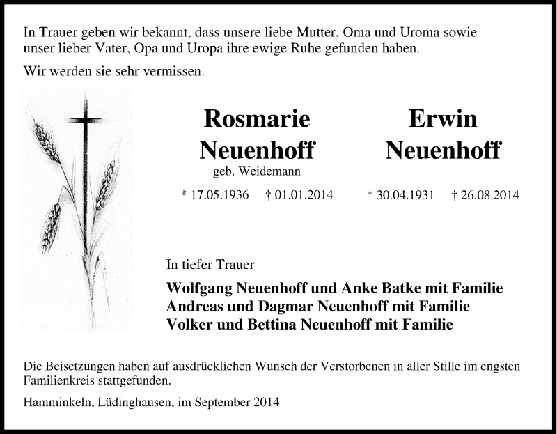  Traueranzeige für Rosemarie und Erwin Neuenhoff vom 03.09.2014 aus Tageszeitung