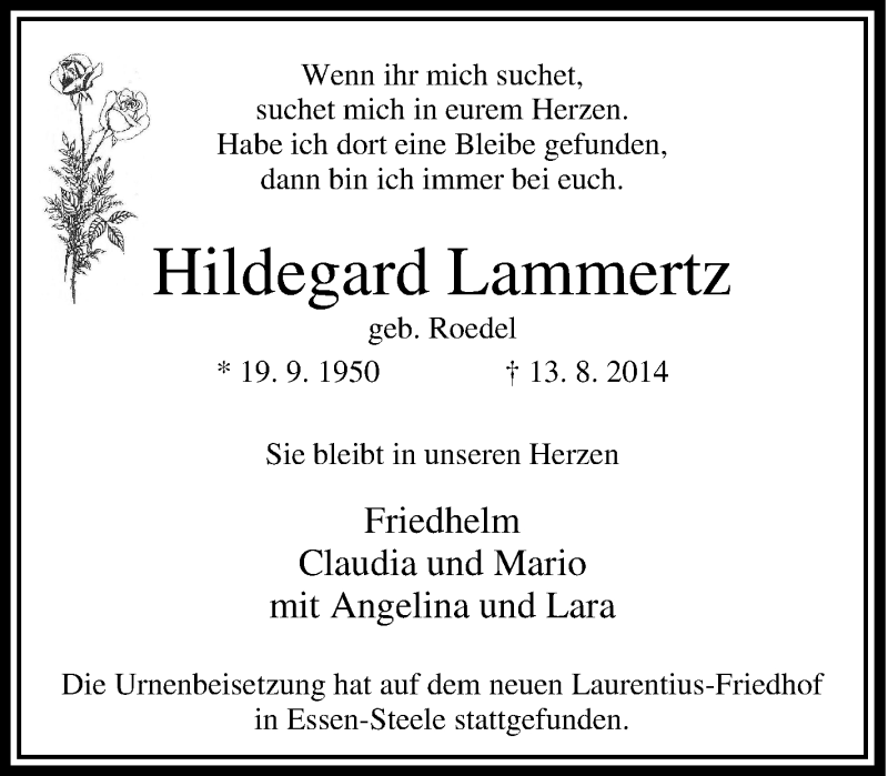  Traueranzeige für Hildegard Lammertz vom 06.09.2014 aus Tageszeitung