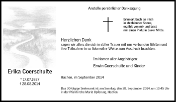 Traueranzeige von Erika Coerschulte von Tageszeitung