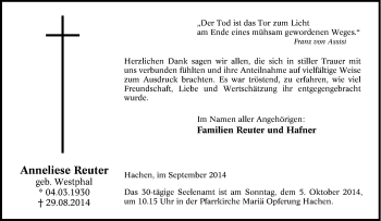 Traueranzeige von Anneliese Reuter von Tageszeitung