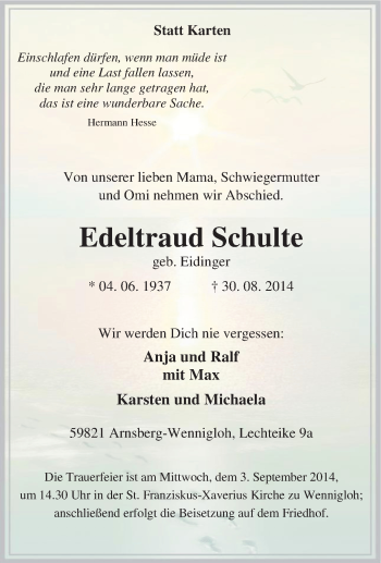 Traueranzeige von Edeltraud Schulte von Tageszeitung
