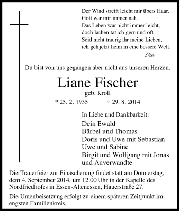 Traueranzeige von Liane Fischer von Tageszeitung