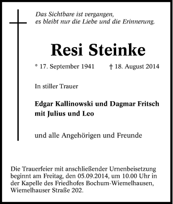 Traueranzeige von Resi Steinke von Tageszeitung