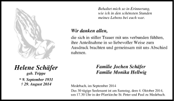 Traueranzeige von Helene Schäfer von Tageszeitung