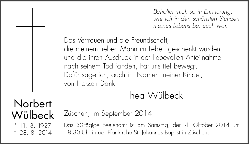 Traueranzeige für Norbert Wülbeck vom 27.09.2014 aus Tageszeitung