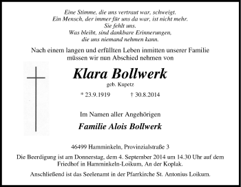 Traueranzeige von Klara Bollwerk von Tageszeitung
