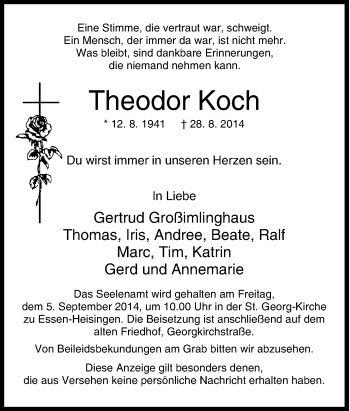 Traueranzeige von Theodor Koch von Tageszeitung
