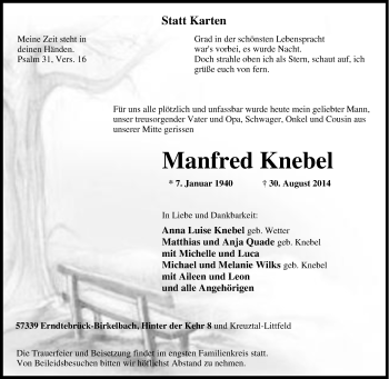 Traueranzeige von Manfred Knebel von Tageszeitung