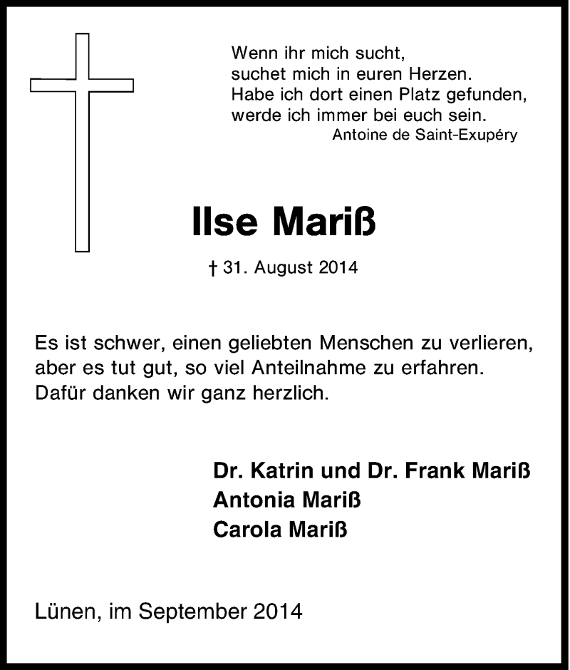  Traueranzeige für Ilse Mariß vom 27.09.2014 aus Tageszeitung