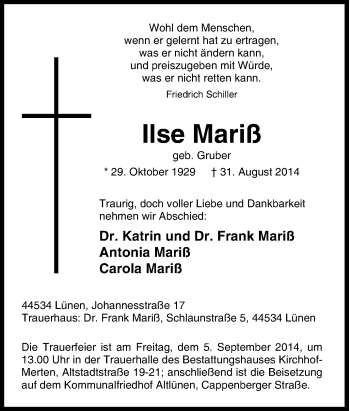 Traueranzeige von Ilse Mariß von Tageszeitung