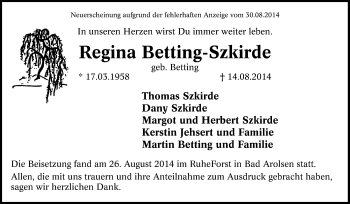 Traueranzeige von Regina Betting-Szkirde von Tageszeitung