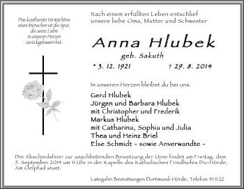 Traueranzeige von Anna Hlubek von Tageszeitung