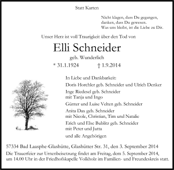 Traueranzeige von Elli Schneider von Tageszeitung