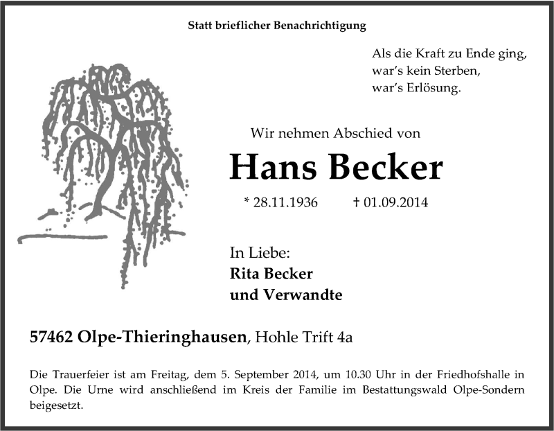  Traueranzeige für Hans Becker vom 03.09.2014 aus Tageszeitung
