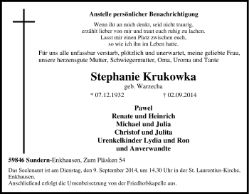 Traueranzeige von Stephanie Krukowka von Tageszeitung