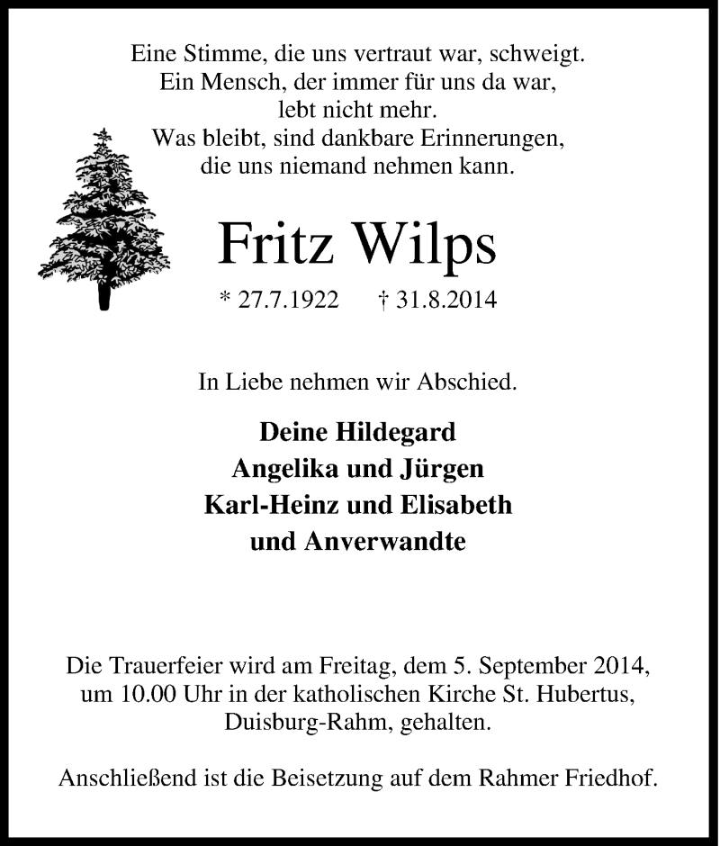  Traueranzeige für Fritz Wilps vom 03.09.2014 aus Tageszeitung