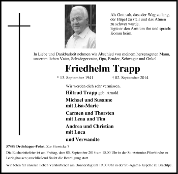 Traueranzeige von Friedhelm Trapp von Tageszeitung