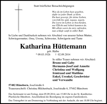 Traueranzeige von Katharina Hüttemann von Tageszeitung