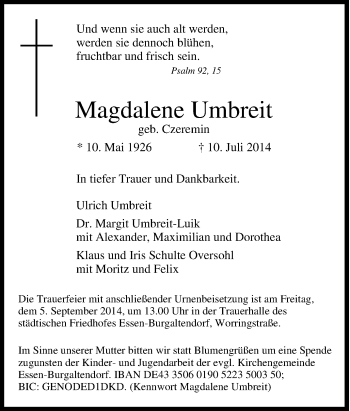 Traueranzeige von Magdalene Umbreit von Tageszeitung